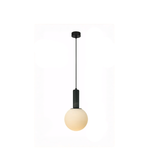 Minimalist pendant light with a black fixture and beige bulb on a white background