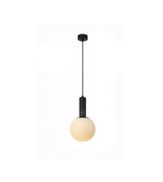 Minimalist pendant light with a black fixture and beige bulb on a white background