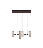 Modern pendant light fixture with five cylindrical lights on a white background