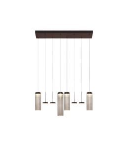 Modern pendant light fixture with five cylindrical lights on a white background