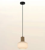 A modern pendant light with a black ceiling canopy and cord, a brushed brass cylindrical neck, and a textured white glass shade, shown against a plain off-white background.