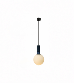Minimalist pendant light with a round bulb on a white background