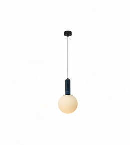 Minimalist pendant light with a round bulb on a white background