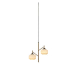 A modern two-light pendant chandelier with a slim vertical downrod, a central branch, and two angled arms holding frosted glass shades, shown against a plain white background.