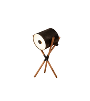 Modern tripod spotlight table lamp with black metal shade and wooden legs on white background