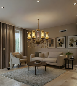 Living room with a chandelier, sofa, and coffee table.