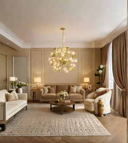 Luxurious living room with elegant furniture and decorative elements.