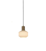 A modern pendant light with a textured, frosted glass shade and a brushed brass metal collar, suspended by a thin black cord against a plain white background.