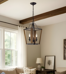 Living room with a pendant light fixture, window, and decor elements.