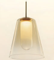 A modern pendant light with a clear glass bell-shaped shade and a warm glowing bulb inside, suspended by a slim dark rod against a light beige background.