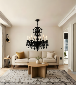 Living room with a black chandelier, beige sofa, and wooden coffee table.