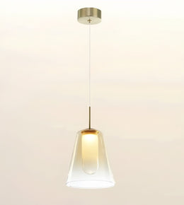 A modern pendant light with a clear glass bell-shaped shade, a warm glowing bulb inside, and a brushed brass metal canopy and rod, suspended against a plain off-white background.