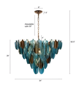 Chandelier with blue and gold design, shown with measurements on a white background