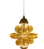 Gold pendant light fixture hanging from a ceiling