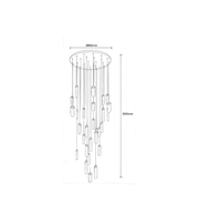 Technical drawing of a cylindrical chandelier with dimensions on a white background