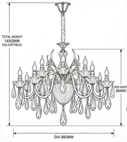  Chandelier dimension illustration showing a 980 mm diameter, 660 mm body height, and 1,450 mm adjustable total hanging height.