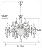 Black and white line drawing of a chandelier with dimension labels showing total height 1200mm adjustable, body height 600mm, and diameter 850mm.