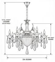 Black and white line drawing of a chandelier with dimension labels showing total height 1200mm adjustable, body height 600mm, and diameter 850mm.