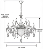 Gold crystal chandelier dimension illustration showing a 700 mm diameter, 600 mm body height, and 1,200 mm adjustable total hanging height.