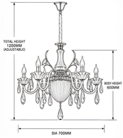 Gold crystal chandelier dimension illustration showing a 700 mm diameter, 600 mm body height, and 1,200 mm adjustable total hanging height.