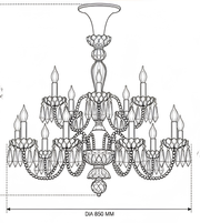 Technical drawing of a multi-arm crystal chandelier with candle-style lights and decorative drops, showing an overall diameter of 850 mm.