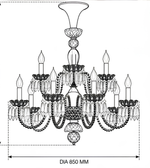 Black and white line drawing of a multi-light chandelier with dimension markings indicating a diameter of 850 mm.