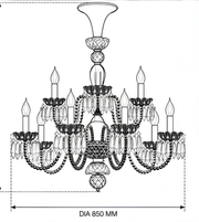 Black and white line drawing of a multi-light chandelier with dimension markings indicating a diameter of 850 mm.