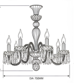 Technical drawing of a black crystal chandelier with curved arms, candle-style lights, and decorative crystal drops, showing a diameter of 750 mm.