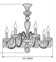 Technical drawing of a black crystal chandelier with curved arms, candle-style lights, and decorative crystal drops, showing a diameter of 750 mm.