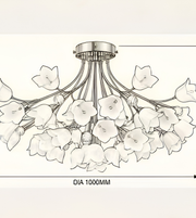 Technical illustration of a gold floral chandelier showing its wide arrangement of flower-shaped shades and a stated diameter of 1000 mm.