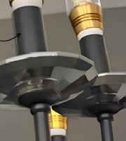  Close-up of the chandelier's black frame and gold-tone candle-style bulb holder, highlighting its contrasting finishes.