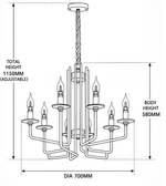 Technical dimension drawing of a black multi-arm chandelier showing a 700 mm diameter, 580 mm body height, and adjustable total height of 1150 mm.