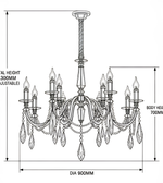 Technical illustration of a decorative black crystal chandelier showing a 900 mm diameter, 700 mm body height, and 1300 mm adjustable overall height.
