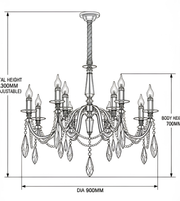Technical illustration of a decorative black crystal chandelier showing a 900 mm diameter, 700 mm body height, and 1300 mm adjustable overall height.