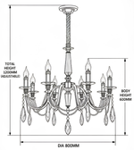 Technical drawing of a chrome crystal chandelier showing 800 mm diameter, 600 mm body height, and 1200 mm adjustable total height.