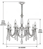 Technical drawing of a chrome crystal chandelier showing 800 mm diameter, 600 mm body height, and 1200 mm adjustable total height.