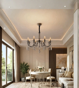Luxury chrome crystal chandelier with candle-style lights suspended above a dining table in an elegant neutral-toned interior.