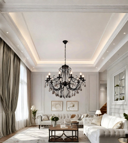 Black crystal chandelier suspended in an elegant living room with neutral furnishings, decorative wall panelling, and soft natural light.