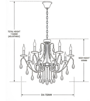 Technical drawing of a black crystal chandelier showing its decorative design, adjustable total hanging height of 1,100 mm, body height of 600 mm, and 750 mm diameter.