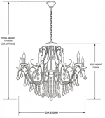Technical drawing of a black crystal luxury chandelier featuring ornate curved arms, cascading decorative crystal drops, candle-style light holders, and dimensions of 950 mm diameter.