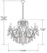 Technical drawing of a black crystal luxury chandelier featuring ornate curved arms, cascading decorative crystal drops, candle-style light holders, and dimensions of 950 mm diameter.