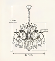 Technical illustration of a black metal crystal chandelier showing its design and dimensional measurements.