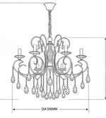 Technical line drawing of a black metal crystal drop chandelier showing its ornate curved arms, hanging crystal accents, and 640 mm diameter.