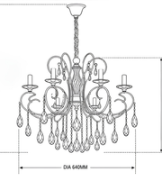 Technical line drawing of a black metal crystal drop chandelier showing its ornate curved arms, hanging crystal accents, and 640 mm diameter.
