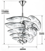 Technical dimension drawing of a sculptural glass chandelier measuring 680MM in diameter and 350MM in body height.