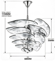 Technical dimension drawing of a sculptural glass chandelier measuring 680MM in diameter and 350MM in body height.
