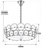 Technical drawing of a pink disc chandelier showing a 750 mm diameter, 250 mm body height, and 1050 mm adjustable overall height.