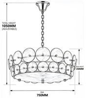 Technical drawing of a pink disc chandelier showing a 750 mm diameter, 250 mm body height, and 1050 mm adjustable overall height.