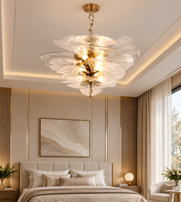 Sculptural glass petal chandelier with gold-finish metal detailing in a luxury bedroom.