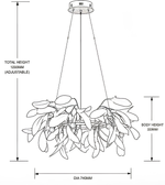 Black and white line drawing schematic of a hanging chandelier with dimension annotations showing total height 1200mm adjustable, body height 3200mm, and diameter 740mm.